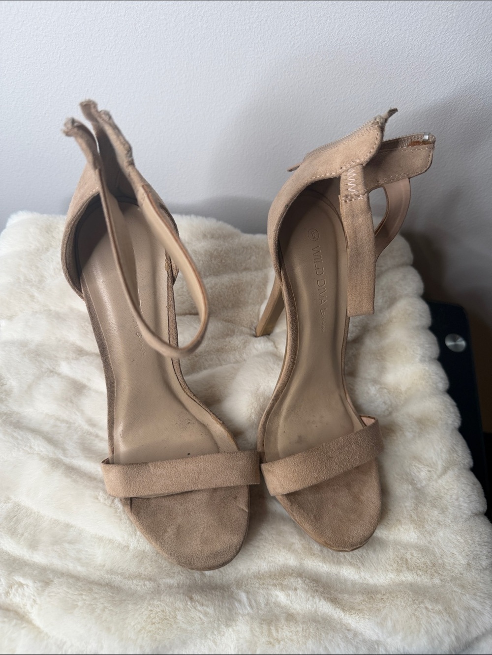 Wild Diva Beige Suede Ankle-Strap Stiletto Heels